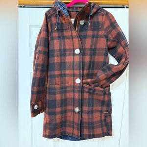 L.L. Bean Rust and Black Plaid Hooded Pea Coat